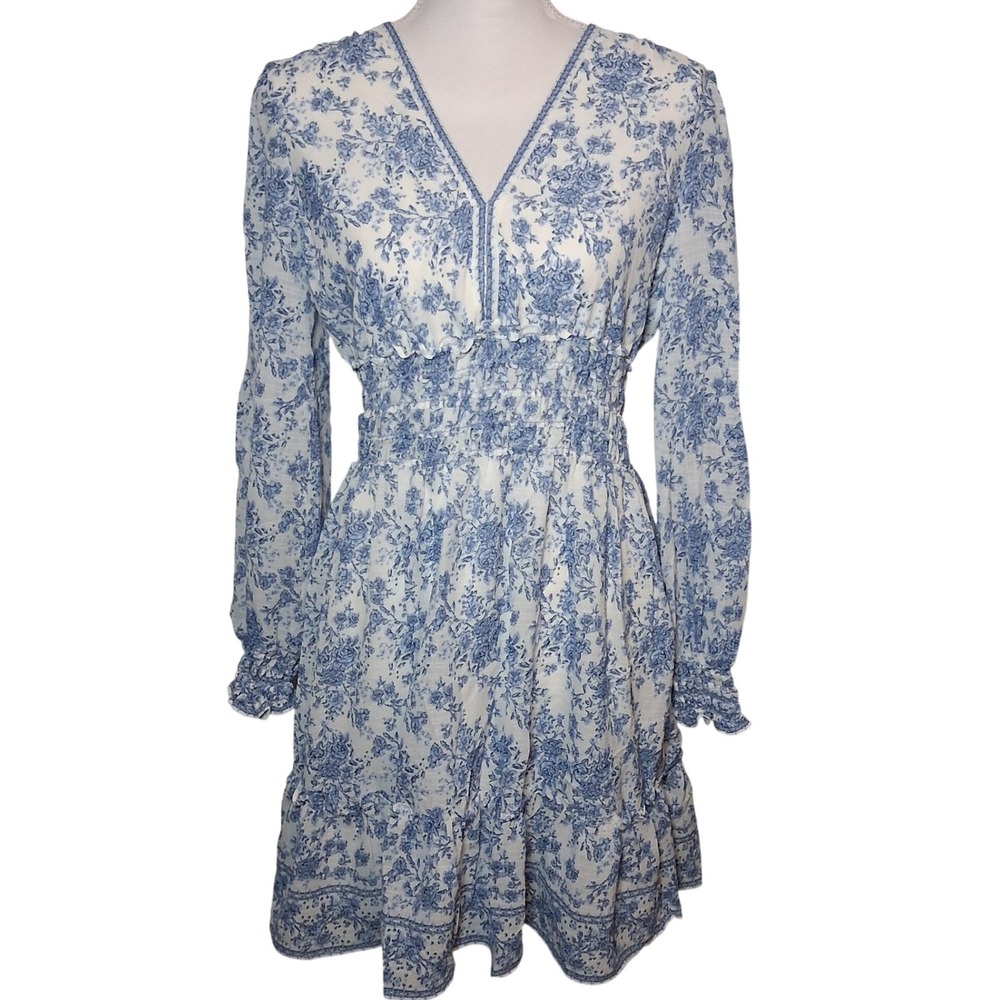 NWOT Max Studio London Blue Floral Toile Smocked Mini Dress S Boho Western Girly
